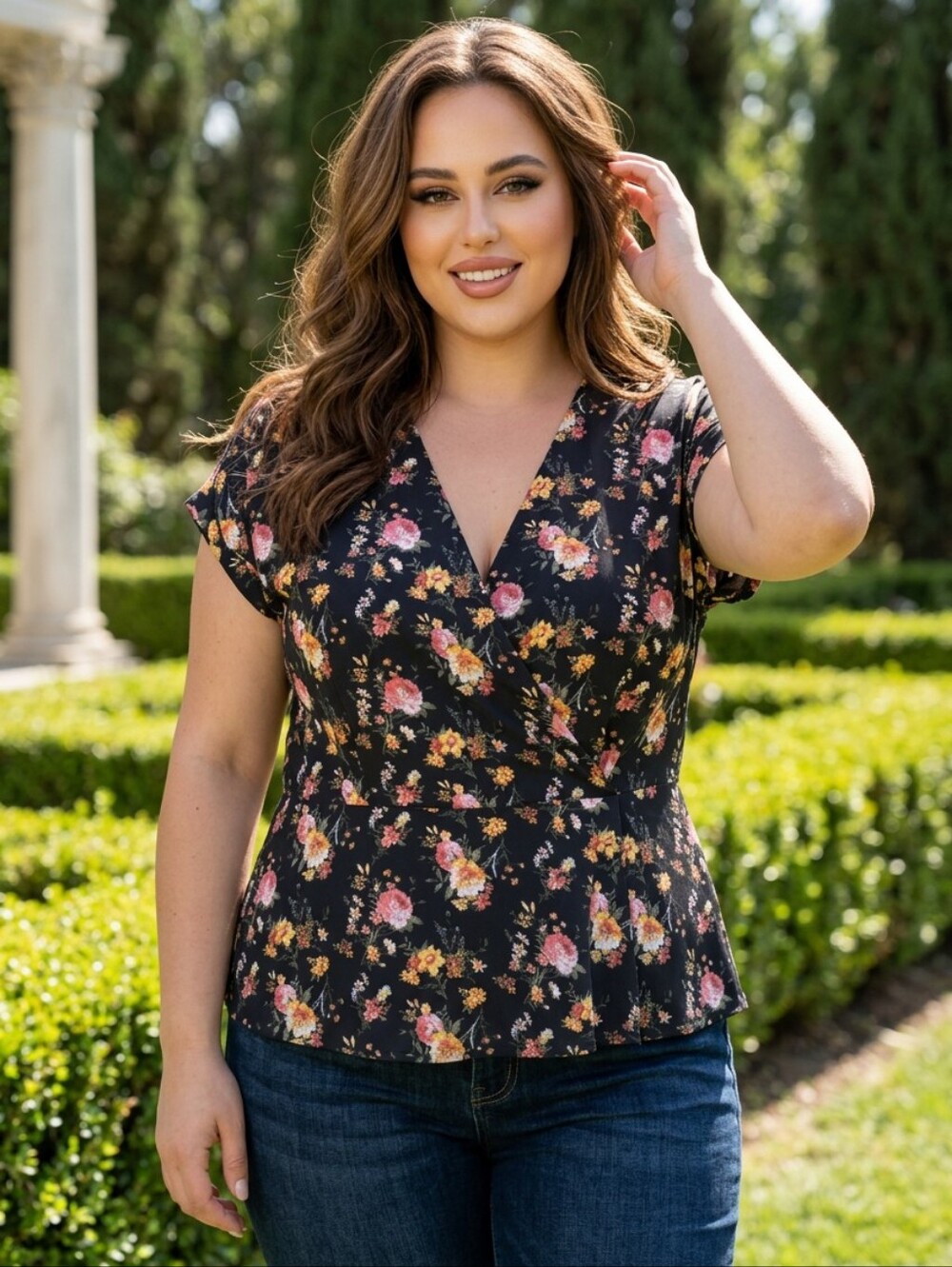 No Boundaries Floral Wrap Style V-Neck Short Sleeve Blouse